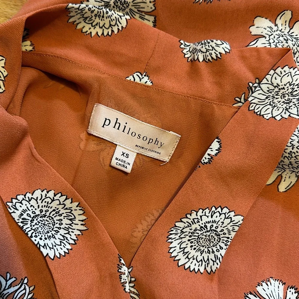 Philosophy Sleeveless Copper White Flower V Neck Midi Shift Dress Women’s XS